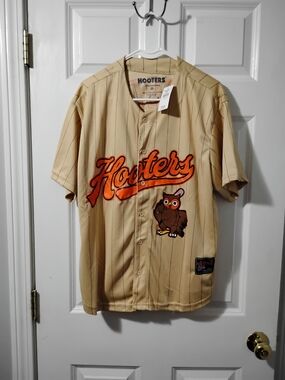 Hooters Tan Pinstripe Jersey with Orange Script and Owl Patch